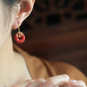 Natural Cinnabar Raw Stone Peace Buckle Silver Earrings for Women - Red Chinese Style National Wind Zodiac Year Ear Pendants
