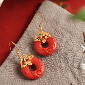 Natural Cinnabar Raw Stone Peace Buckle Silver Earrings for Women - Red Chinese Style National Wind Zodiac Year Ear Pendants