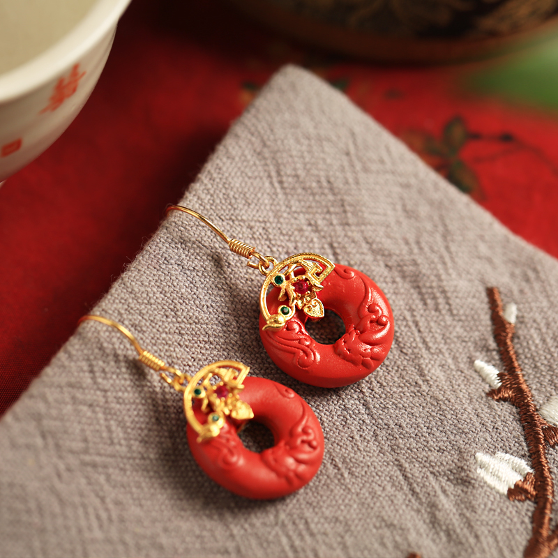 Natural Cinnabar Raw Stone Peace Buckle Silver Earrings for Women - Red Chinese Style National Wind Zodiac Year Ear Pendants
