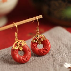 Natural Cinnabar Raw Stone Peace Buckle Silver Earrings for Women - Red Chinese Style National Wind Zodiac Year Ear Pendants