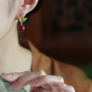 Natural Cinnabar Raw Stone Silver Enamel Bamboo Leaf Earrings for Women, Red Chinese Zodiac Year Drop Earrings, Ethnic Ear Accessories