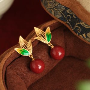 Natural Cinnabar Raw Stone Silver Enamel Bamboo Leaf Earrings for Women, Red Chinese Zodiac Year Drop Earrings, Ethnic Ear Accessories