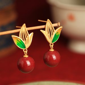 Natural Cinnabar Raw Stone Silver Enamel Bamboo Leaf Earrings for Women, Red Chinese Zodiac Year Drop Earrings, Ethnic Ear Accessories