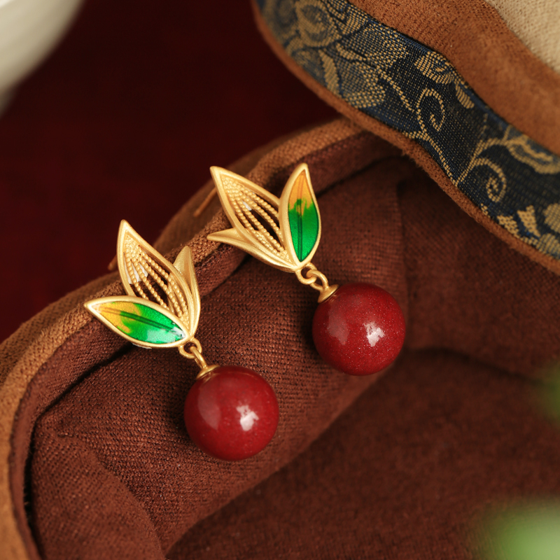 Natural Cinnabar Raw Stone Silver Enamel Bamboo Leaf Earrings for Women, Red Chinese Zodiac Year Drop Earrings, Ethnic Ear Accessories