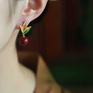 Natural Cinnabar Raw Stone Silver Enamel Bamboo Leaf Earrings for Women, Red Chinese Zodiac Year Drop Earrings, Ethnic Ear Accessories