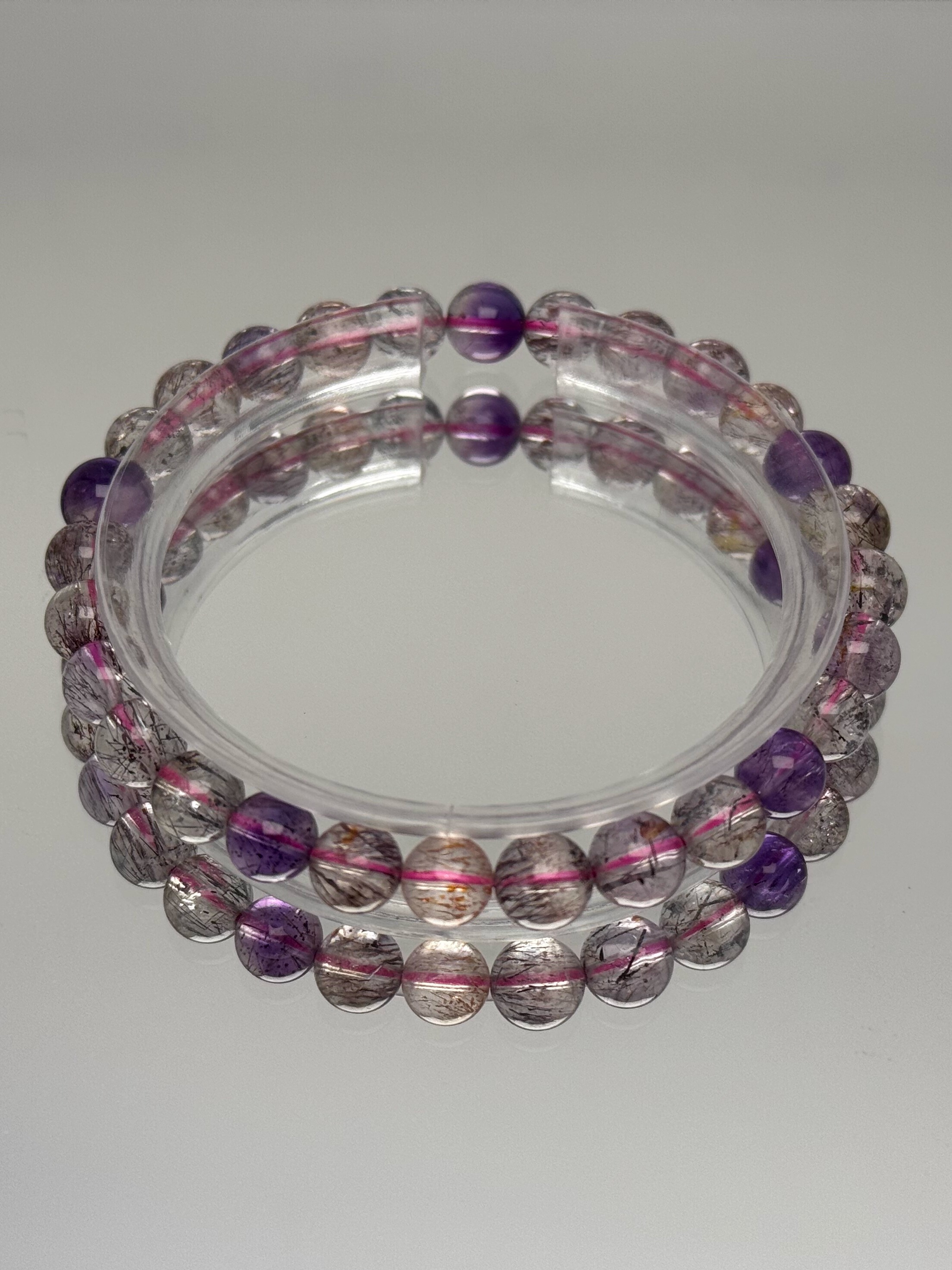 Natural Fairy Super Seven Crystal Bracelet - Purple Bead & Golden Strawberry Red Higanbana Design - Boho Chic Gemstone Jewelry