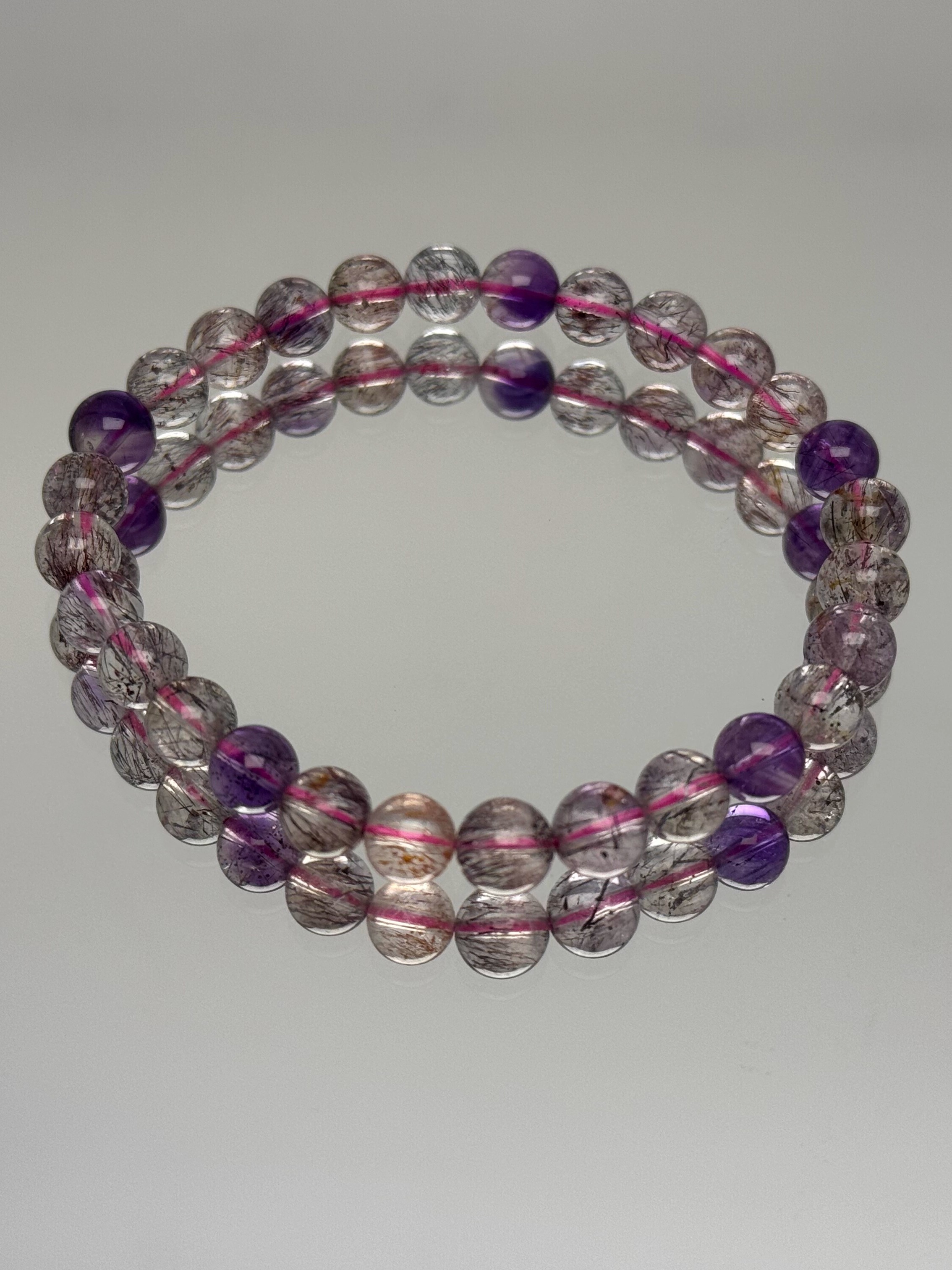 Natural Fairy Super Seven Crystal Bracelet - Purple Bead & Golden Strawberry Red Higanbana Design - Boho Chic Gemstone Jewelry