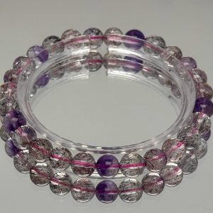 Natural Fairy Super Seven Crystal Bracelet with Purple Beads and Black Crystal Accents - Boho Chic Gemstone Jewelry