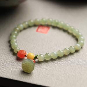 Natural Hetian Jade Bracelet for Women - Summer Green Beaded Lotus Pod Design - Unique Jewelry Gift for Girls