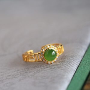 Natural Hetian Jade Diamond-Inlaid Silver Ring for Women, 18K Gold Plated Light Luxury Gemstone Jewelry