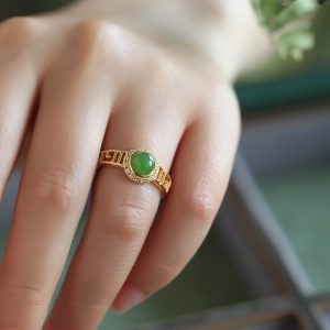 Natural Hetian Jade Diamond-Inlaid Silver Ring for Women, 18K Gold Plated Light Luxury Gemstone Jewelry