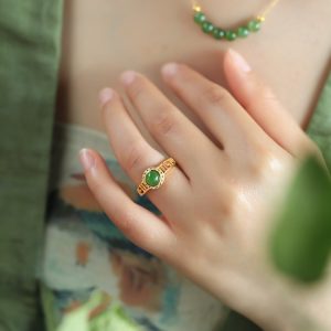 Natural Hetian Jade Diamond-Inlaid Silver Ring for Women, 18K Gold Plated Light Luxury Gemstone Jewelry