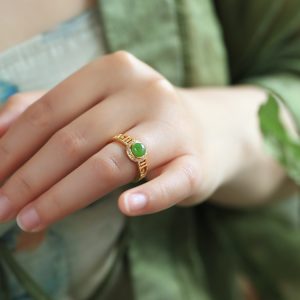Natural Hetian Jade Diamond-Inlaid Silver Ring for Women, 18K Gold Plated Light Luxury Gemstone Jewelry