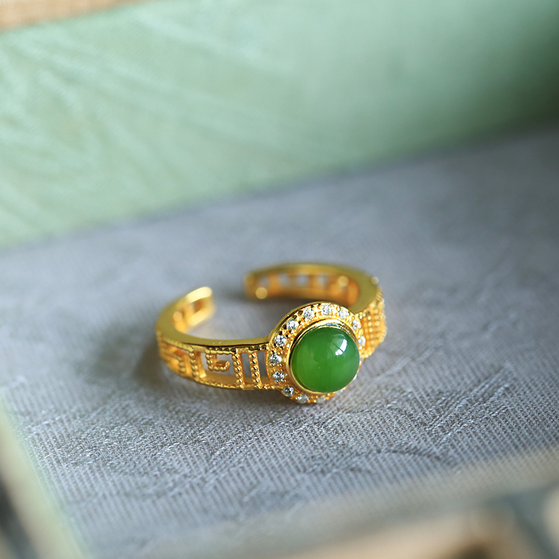 Natural Hetian Jade Diamond-Inlaid Silver Ring for Women, 18K Gold Plated Light Luxury Gemstone Jewelry