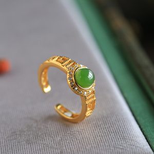 Natural Hetian Jade Diamond-Inlaid Silver Ring for Women, 18K Gold Plated Light Luxury Gemstone Jewelry