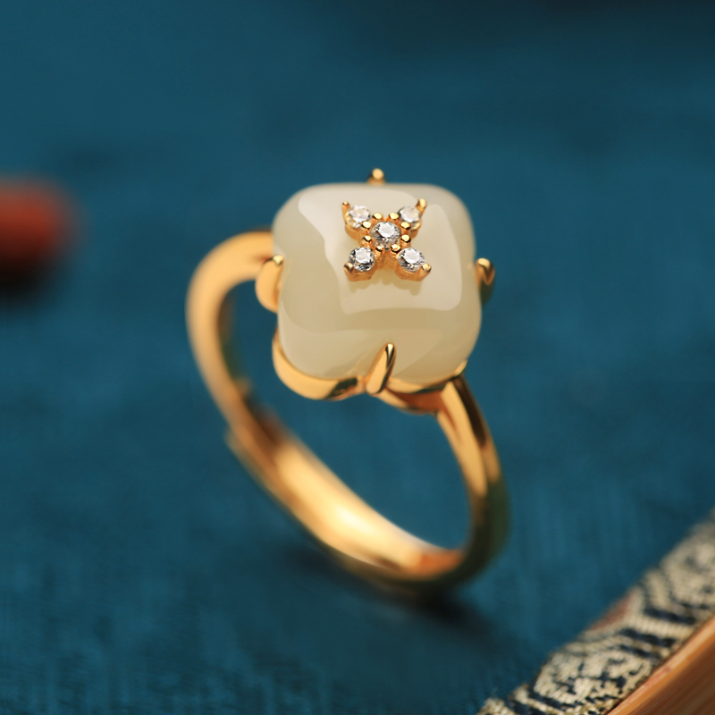 Natural Hetian Jade Four-Leaf Clover Ring for Women, 18K Gold-Plated Luxury Jade Ring, Elegant Premium Fashion Jewelry