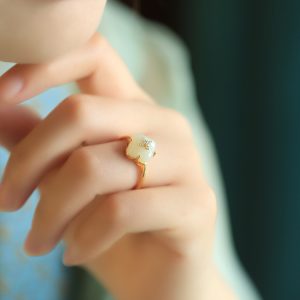 Natural Hetian Jade Four-Leaf Clover Ring for Women, 18K Gold-Plated Luxury Jade Ring, Elegant Premium Fashion Jewelry