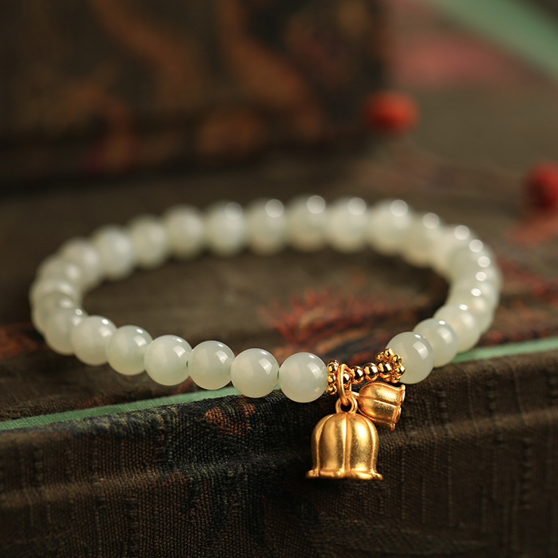 Natural Hetian Jade Green Bracelet for Women, Pure Silver Lily Flower Design, Crystal Bead String, National Style Jewelry