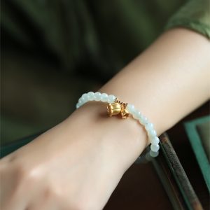 Natural Hetian Jade Green Bracelet for Women, Pure Silver Lily Flower Design, Crystal Bead String, National Style Jewelry