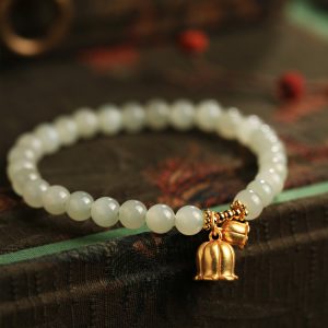 Natural Hetian Jade Green Bracelet for Women, Pure Silver Lily Flower Design, Crystal Bead String, National Style Jewelry