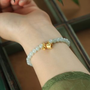 Natural Hetian Jade Green Bracelet for Women, Pure Silver Lily Flower Design, Crystal Bead String, National Style Jewelry