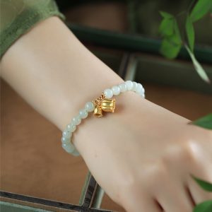 Natural Hetian Jade Green Bracelet for Women, Pure Silver Lily Flower Design, Crystal Bead String, National Style Jewelry