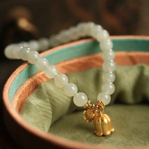 Natural Hetian Jade Green Bracelet for Women, Pure Silver Lily Flower Design, Crystal Bead String, National Style Jewelry