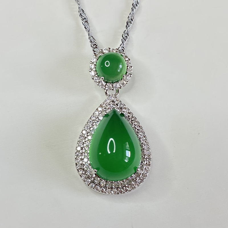 Natural Ice-Grade Chalcedony Silver Necklace with Jadeite Green Pendant - Elegant Gemstone Jewelry for Women, Perfect for Any Occasion
