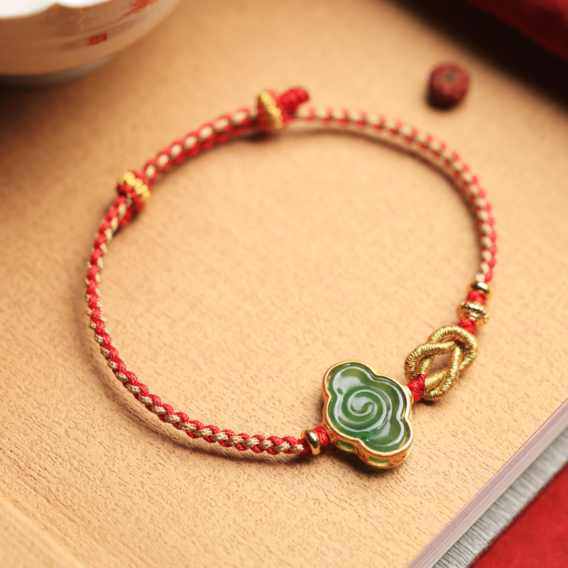 Natural Jade Cloud Bracelet - Hetian Jade & Pure Silver with Red Rope, Handmade Braided Design, Women's National Style Birth Year Jewelry