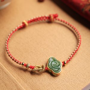 Natural Jade Cloud Bracelet - Hetian Jade & Pure Silver with Red Rope, Handmade Braided Design, Women's National Style Birth Year Jewelry