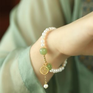 Natural Pearl & Hetian Jade Blessing Pendant Bracelet for Women - Chinese Style Light Luxury Gift for Mother's Day