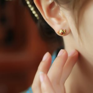 Natural Red Agate Pure Silver Teapot Ear Studs for Women, Chinese Style Light Luxury Birth Year Earrings