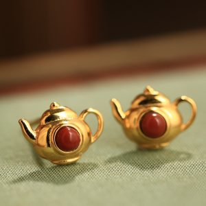 Natural Red Agate Pure Silver Teapot Ear Studs for Women, Chinese Style Light Luxury Birth Year Earrings