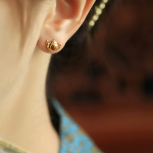 Natural Red Agate Pure Silver Teapot Ear Studs for Women, Chinese Style Light Luxury Birth Year Earrings