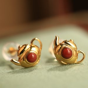 Natural Red Agate Pure Silver Teapot Ear Studs for Women, Chinese Style Light Luxury Birth Year Earrings