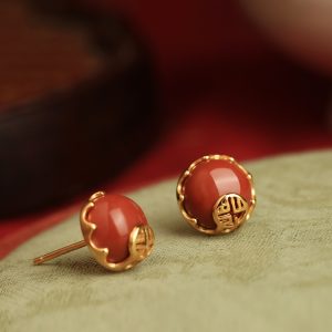 Natural Red Agate Silver Stud Earrings for Women - Retro Chinese Style Birth Year Jewelry, Southern National Wind Design