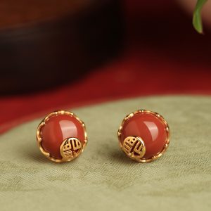 Natural Red Agate Silver Stud Earrings for Women - Retro Chinese Style Birth Year Jewelry, Southern National Wind Design
