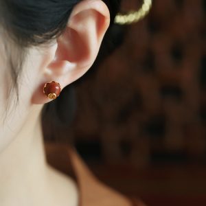 Natural Red Agate Silver Stud Earrings for Women - Retro Chinese Style Birth Year Jewelry, Southern National Wind Design