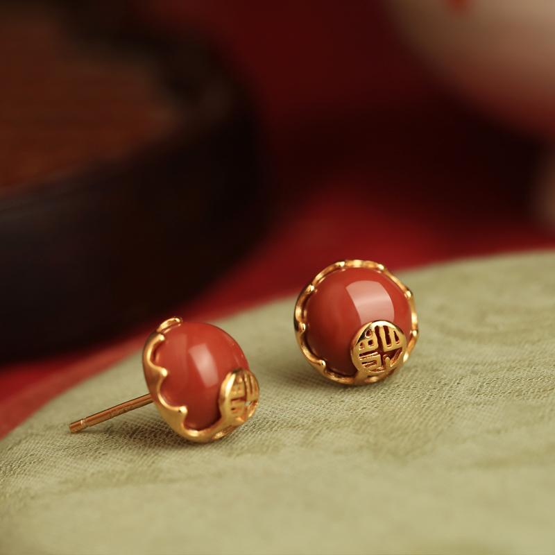 Natural Red Agate Silver Stud Earrings for Women - Retro Chinese Style Birth Year Jewelry, Southern National Wind Design