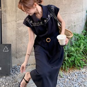 Navy Blue Hong Kong Style High-End Vintage Dress for Women - Summer 2025 Slim Fit Waist-Cinching Long Shirt Dress