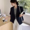 Navy Blue Korean-Style Short Sleeve Suit Set for Women, Elegant Casual Two-Piece Wide-Leg Pants for Petite Sizes - Summer 2025
