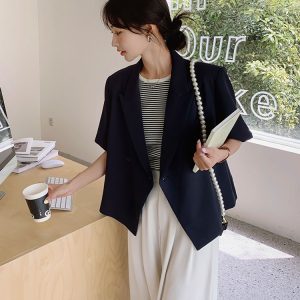 Navy Blue Korean-Style Short Sleeve Suit Set for Women, Elegant Casual Two-Piece Wide-Leg Pants for Petite Sizes - Summer 2025