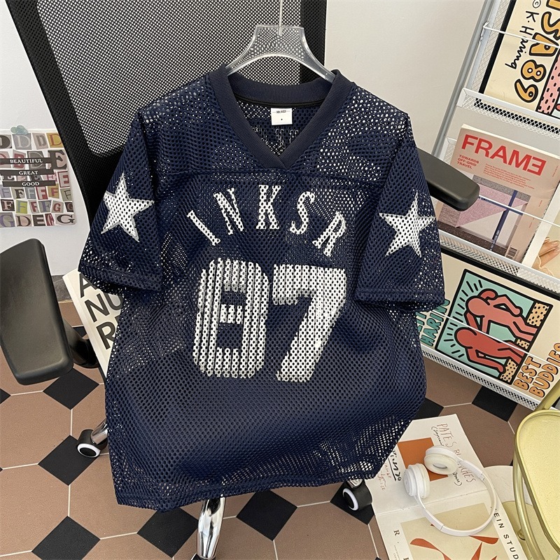 Navy Blue Mesh Jersey Retro Printed Short Sleeve T-Shirt for Men and Women - Breathable Summer Streetwear
