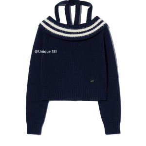 Navy Blue Off-Shoulder Tie-Knit Top & Jacquard Short Skirt Two-Piece Set for Winter, Unique Stylish Look, Perfect for 90s and Y2K Fashion