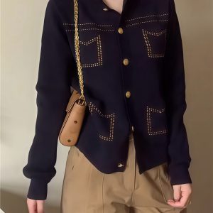 Navy Blue Small Knitted Cardigan for Women - Casual Short Design, Autumn Style, Korean-Style Celebrity Sweater Coat