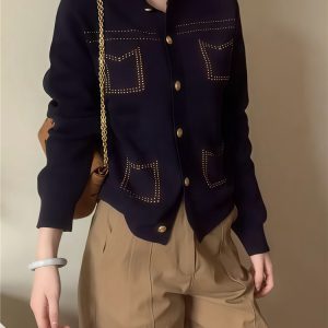 Navy Blue Small Knitted Cardigan for Women - Casual Short Design, Autumn Style, Korean-Style Celebrity Sweater Coat