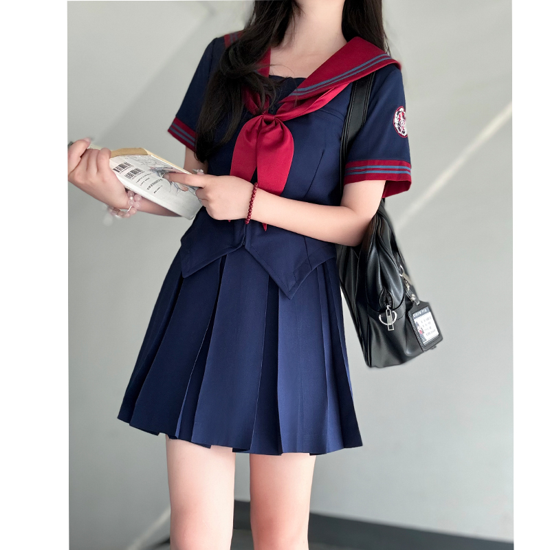 Navy Collar Bad Sailor Suit Set - Short Sleeve Pudding Bear JK Uniform - Summer Basic Model Fashion for Y2K and Korean Style Enthusiasts