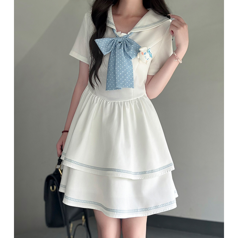 Navy Collar Short Sleeve Double-Layer Cake Skirt Pudding Bear JK Uniform Summer Dress - 2025 Y2K Fashion Style