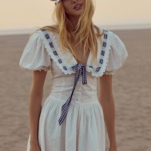 Navy Puff Sleeve Dress with French Bow Tie Strap and Waist-Cinching Design - Everyday Heavy Industry Style