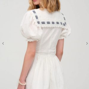 Navy Puff Sleeve Dress with French Bow Tie Strap and Waist-Cinching Design - Everyday Heavy Industry Style